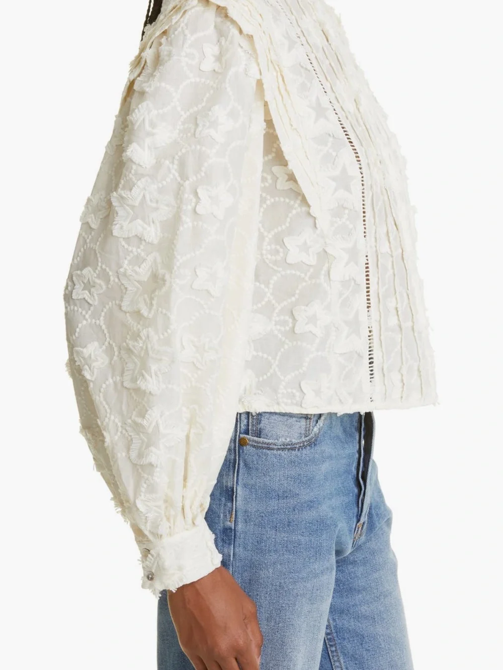 FARM Rio White Floral Lace Peasant Blouse with Puff Sleeves